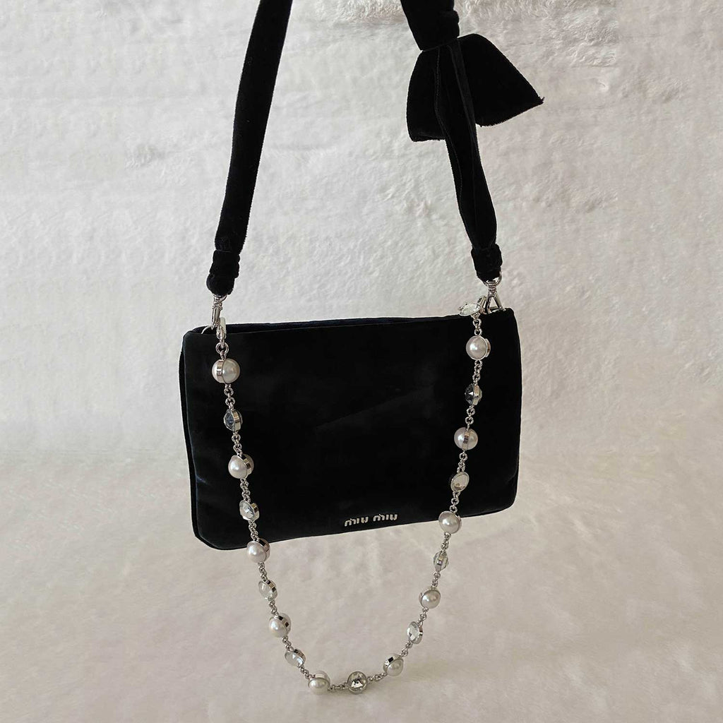 Miu Miu Crystal Pearls Velvet Shoulder Bag